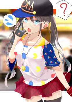 1girl ? absurdres bead_necklace beads black_hair black_thighhighs blue_eyes blush commentary_request cowboy_shot glasses highres holding holding_phone idolmaster idolmaster_shiny_colors jewelry kunimine_yuzuki long_hair mitsumine_yuika multicolored_shirt necklace open_mouth phone red_skirt skirt solo spoken_question_mark spoken_sweatdrop sweatdrop thighhighs twintails zettai_ryouiki