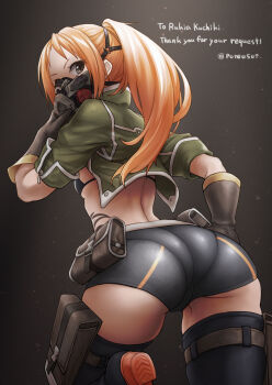 1girl ass bike_shorts bikini bikini_top_only black_bikini black_shorts black_thighhighs breasts code_vein commission cropped_jacket from_behind gas_mask gloves green_jacket grey_eyes highres jacket long_hair looking_at_viewer looking_back mask orange_hair pote0508 respirator rin_murasame shorts skeb_commission small_breasts solo standing swimsuit tattoo thighhighs tribal_tattoo