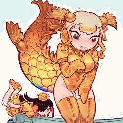 Rule 34 | 2girls, adapted costume, black hair, blonde hair, blush, brown eyes, cosplay, elbow gloves, embarrassed, fang, fins, fish girl, fish tail, gloves, gold footwear, gold gloves, gold leotard, gold thighhighs, hair between eyes, hair over one eye, head fins, highres, inada roku, japanese clothes, kemono friends, kimono, king penguin (kemono friends), kinshachi (kemono friends), kinshachi (kemono friends) (cosplay), long hair, lying, multicolored hair, multiple girls, on stomach, open mouth, orange hair, penguin girl, penguin tail, sandals, scales, short hair, short sleeves, sidelocks, tail, turtleneck, white hair, yellow kimono