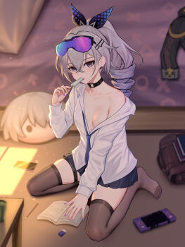 1girl absurdres alternate_costume black_choker black_skirt black_thighhighs blue_necktie book breasts choker collarbone commentary_request drill_hair eraser eyewear_on_head food full_body goggles grey_eyes grey_hair hair_between_eyes hand_up handheld_game_console highres holding holding_food holding_popsicle honkai:_star_rail honkai_(series) indoors large_variant_set long_hair long_sleeves looking_at_viewer necktie nipples no_bra open_book parted_lips pencil pleated_skirt popsicle purple_hair seiza shirt silver_wolf_(honkai:_star_rail) single_off_shoulder sitting skirt small_breasts solo thigh_strap thighhighs variant_set white_shirt yunkaiming