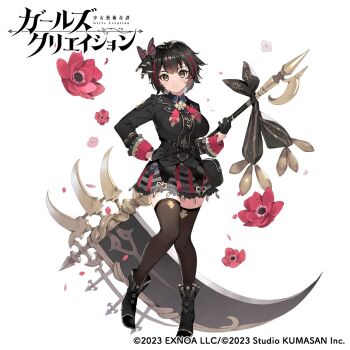 Rule 34 | 1girl, belt, belt pouch, black belt, black boots, black bow, black gloves, black hair, black jacket, black thighhighs, blue shirt, blush, bob cut, boots, botticelli (girls creation), bow, breasts, closed mouth, collared shirt, commentary request, copyright logo, copyright name, copyright notice, flower, full body, girls creation, gloves, hair bow, half gloves, hand on own hip, highres, holding, holding weapon, huge weapon, jacket, large breasts, logo, long sleeves, looking at viewer, miniskirt, multicolored hair, nauribon, official art, pouch, red flower, red hair, scythe, shirt, short hair, simple background, skirt, smile, solo, standing, streaked hair, striped bow, striped clothes, striped hair, striped skirt, thighhighs, thighs, weapon, white background, yellow eyes