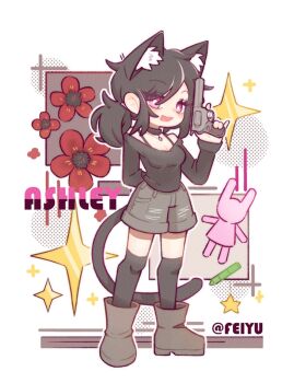 1girl :d animal_ear_fluff animal_ears ankle_boots arm_behind_back ashley_graves bare_shoulders black_choker black_hair black_shirt black_tail black_thighhighs boots bra_strap breasts bright_pupils brown_boots cat_ears cat_girl cat_tail character_name chinese_commentary choker cleavage commentary_request crayon deformed denim denim_shorts eyes_visible_through_hair feiyu film_grain flower full_body grey_shorts gun hair_between_eyes hair_tie halftone halftone_background handgun holding holding_gun holding_weapon long_sleeves low_ponytail medium_hair off-shoulder_shirt off_shoulder open_mouth outline over-kneehighs pink_eyes ponytail red_flower revolver shirt shorts simple_background small_breasts smile solo sparkle standing star_(symbol) stuffed_animal stuffed_rabbit stuffed_toy swept_bangs tail the_coffin_of_andy_and_leyley thighhighs weapon white_background white_outline white_pupils