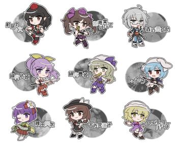 1boy 6+girls ;( ahoge animal_ears black-framed_eyewear black_capelet black_hair black_hat black_jacket black_ribbon black_shoes black_skirt black_socks blonde_hair blue_hair blue_kimono blunt_bangs blunt_ends blush boots bow bracelet brown_eyes brown_hair brown_shoes camera capelet cellphone character_name checkered_clothes checkered_skirt chibi chibi_only closed_mouth collared_shirt commentary_request curiosities_of_lotus_asia double_spoiler dress flip_phone floppy_ears flower folded_fan folding_fan frilled_dress frilled_skirt frilled_sleeves frills frown full_body geta ghostly_field_club glasses green_kimono grey_eyes grey_hair gun hair_flower hair_ornament hair_ribbon hakama hakama_skirt hand_fan hand_up hat hat_bow hat_ribbon hieda_no_akyuu highres himekaidou_hatate holding holding_camera holding_fan holding_gun holding_phone holding_sword holding_weapon jacket japanese_clothes jewelry kimono long_hair long_sleeves looking_at_viewer maribel_hearn mirei_(miirei) morichika_rinnosuke multiple_girls neck_ribbon necktie one_eye_closed open_mouth outline perfect_memento_in_strict_sense phone pointy_ears ponytail puffy_short_sleeves puffy_sleeves purple_boots purple_dress purple_eyes purple_hair purple_ribbon purple_skirt rabbit_ears red_bag red_boots red_dress red_eyes red_hat red_necktie red_ribbon red_shoes reisen_(touhou_bougetsushou) ribbon ribbon-trimmed_capelet ribbon-trimmed_skirt ribbon_trim scroll shameimaru_aya shirt shirt_tucked_in shoes shoot_the_bullet short_hair short_sleeves skirt smile socks sword tengu-geta tokin_hat touhou touhou_bougetsushou translated twintails usami_renko watatsuki_no_toyohime watatsuki_no_yorihime wavy_mouth weapon white_hat white_shirt white_shoes white_skirt yellow_bow yellow_eyes yellow_ribbon