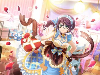 1girl blue_dress blue_hairband brown_dress chair closed_mouth detached_collar dress earrings falling_petals game_cg gift glasses green_eyes hairband hand_on_own_hip holding holding_gift hoshimi_junna indoors jewelry lamp long_hair looking_at_viewer multicolored_dress official_art petals ponytail purple_hair shoujo_kageki_revue_starlight shoujo_kageki_revue_starlight_-re_live- smile solo standing table upper_body valentine wrist_cuffs