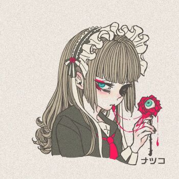 1girl black_eyeliner black_shirt blood blood_drip blood_on_hands blood_string blue_eyes blunt_bangs blush bow curly_hair expressionless eyelashes eyeliner eyeshadow flower holding holding_flower long_hair long_sleeves maid_headdress makeup natsuko_lariyod necktie nose_blush original paper_texture petals red_eyeshadow red_flower red_necktie red_rose rose rose_petals shirt sidelocks simple_background solo thorns yellow_background