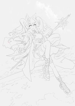 1girl absurdly_long_hair absurdres angelina_(arknights) angelina_(distinguished_visitor)_(arknights) arknights blackshibainu blush breasts coat commentary dot_nose floating_clothes floating_hair gloves greyscale hair_intakes highres holding holding_staff leotard lineart long_hair looking_at_viewer medium_breasts monochrome no_hairband no_pupils off_shoulder official_alternate_costume outstretched_hand pouch shoes smile solo staff thigh_pouch thigh_strap twintails very_long_hair