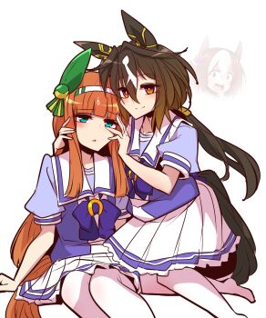 2girls agemasen!_(meme) animal_ears aqua_eyes blunt_bangs blunt_tresses bow bright_pupils brown_hair commentary ear_bow ear_covers gradient_hair hair_between_eyes hair_intakes hair_ornament hairband highres horse_ears horse_girl horse_tail long_hair low_ponytail meme multicolored_hair multiple_girls orange_eyes pleated_skirt ponytail puffy_short_sleeves puffy_sleeves purple_bow purple_eyes sailor_collar school_uniform short_sleeves sidelocks silence_suzuka_(umamusume) skirt special_week_(umamusume) stay_gold_(umamusume) striped_clothes striped_hairband summer_uniform sweatdrop tail thighhighs tracen_school_uniform umamusume white_background white_hair white_hairband white_sailor_collar white_skirt white_streaks white_thighhighs yonedatomo_mizu