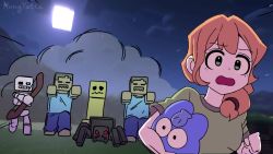 &gt;_&lt; 1girl 6+others alex_(minecraft) allay animated arrow_(projectile) artist_name audible_music backlighting battle black_eyes black_sclera blue_pants blue_shirt blue_sky boots bow_(weapon) brown_coat brown_footwear brown_pants carrying carrying_under_arm character_name chicken_(minecraft) clenched_hand cloud coat colored_sclera colored_skin constricted_pupils creature creeper door dual_wielding dust english_text explosion eye_contact fallen_down fighting fleeing full_moon gameplay_mechanics giant glowing glowing_eye gradient_sky grass green_shirt green_skin grin hair_over_shoulder hair_tie happy health_bar hiding highres holding holding_bow_(weapon) holding_creature holding_sword holding_weapon hongyatta house iron_golem_(minecraft) kneeling long_hair looking_at_another minecraft moon motion_blur multiple_others night orange_hair outdoors own_hands_together pants path punching red_eyes road running sans_(undertale) scared seiza shirt short_sleeves shouting sidelocks signature sitting skeleton skeleton_(minecraft) sky smile smoke sound speech_bubble spider_(minecraft) standing star_(sky) sword talking teeth tripping undertale user_interface utdr_(toby_fox) video villager_(minecraft) watermark weapon zombie_(minecraft)