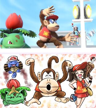 Rule 34 | 1girl, alternate color, animal ears, banana peel, barrel, baseball cap, brown hair, butterfree, cosplay, diddy kong, diddy kong (cosplay), donkey kong (series), game screenshot inset, gen 1 pokemon, gun, hand in own hair, hat, holding, holding gun, holding poke ball, holding weapon, ivysaur, kicdon, leaf (pokemon), mankey, monkey ears, monkey tail, nintendo, poke ball, poke ball (basic), pokemon, pokemon frlg, red shirt, shirt, sleeveless, sleeveless shirt, squirtle, star (symbol), super smash bros., tail, vs seeker, weapon
