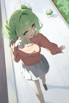 1girl absurdres arm_at_side breasts can chico_(yuzuha_riko) commentary_request creature day drink_can foot_out_of_frame foreshortening from_above green_hair grey_eyes hair_intakes hand_up highres holding holding_can hood hood_down hoodie k_cyp korean_commentary large_breasts long_hair long_sleeves looking_at_viewer miniskirt open_mouth orange_hoodie outdoors pleated_skirt shadow skirt smile solo stellive twintails virtual_youtuber walking white_skirt yuzuha_riko