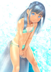 Rule 34 | 1girl, bikini, blue eyes, blue hair, commentary request, day, flat chest, green bikini, highres, long hair, looking at viewer, navel, original, outdoors, own hands together, side-tie bikini bottom, sitting, smile, solo, sunlight, swimsuit, tan, tanline, uzuki mei, water