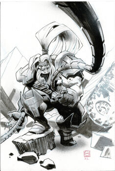 Rule 34 | 1boy, caterpillar tracks, full body, greyscale, grin, high ponytail, long hair, male focus, mechanical tentacles, monochrome, muscular, muscular male, omega red, ponytail, shoulder pads, smile, solo, stephen green, whip