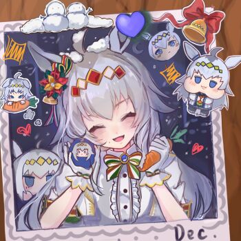 Rule 34 | 1girl, ahoge, animal ears, bell, blush, bow, bowtie, carrot, center frills, character doll, closed eyes, commentary request, doll, facing viewer, frills, gloves, grey hair, hair ornament, heart, highres, holding, holding carrot, holding doll, horse ears, horse girl, jacket, kk (pixiv 83235599), long hair, multicolored bow, multicolored bowtie, multicolored ribbon, official alternate costume, oguri cap (ashen miracle) (umamusume), oguri cap (umamusume), open mouth, photo (object), red bow, ribbon, shirt, short sleeves, smile, snow, snow on head, snowman, umamusume, white gloves, white jacket, white shirt