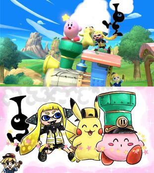 agent_3_(splatoon) backwards_hat baseball_cap blue_eyes blush_stickers brown_gloves game_&amp;_watch gen_1_pokemon gloves hat inkling_girl inkling_player_character kicdon kirby_star_allies kirby_(series) link mr._game_&amp;_watch nintendo pikachu pokemon pokemon_(creature) reference_inset splatoon_(series) star_(symbol) super_smash_bros. tentacle_hair the_legend_of_zelda the_legend_of_zelda:_spirit_tracks toon_link train