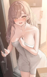 Rule 34 | 1girl, :d, blush, breasts, brown eyes, brown hair, cleavage, commentary request, door handle, eyes visible through hair, highres, indoors, large breasts, long hair, looking at viewer, monaka curl, naked towel, open mouth, original, smile, solo, tile floor, tiles, towel, translated, white towel, wooden floor