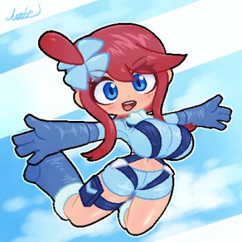 1girl blue_eyes boots breasts chibi crop_top flower gloves hair_flower hair_ornament huge_breasts long_hair matz0306 navel nintendo pixel_art pokemon pokemon_bw red_hair shorts skyla_(pokemon) teeth thigh_strap upper_teeth_only