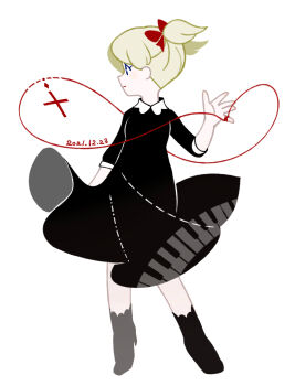 1girl ana_(mother) black_dress black_shoes blonde_hair closed_mouth commentary_request dated dress full_body highres long_sleeves looking_to_the_side mother_(series) mother_1 nintendo piano_print red_ribbon ribbon shoes simple_background solo string string_of_fate tanba_(tanba-art) white_background