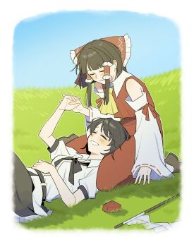 2girls ascot black_bow black_bowtie black_hair black_skirt blue_sky blush bow bowtie brown_hair brown_shoes closed_eyes collared_shirt commentary day detached_sleeves frilled_bow frilled_hair_tubes frills gohei hair_bow hair_tubes hakurei_reimu hat highres lap_pillow long_hair lying multiple_girls on_back on_grass outdoors puffy_short_sleeves puffy_sleeves red_bow red_skirt sakic43899 shameimaru_aya shirt shoes short_sleeves skirt skirt_set sky smile socks touhou unworn_hat unworn_headwear white_shirt white_socks yellow_ascot yuri