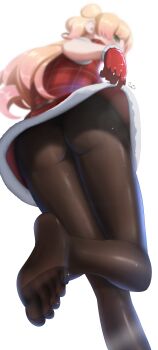 1girl absurdres ass black_pantyhose blonde_hair commentary dress english_commentary from_below fur-trimmed_dress fur-trimmed_gloves fur_trim gloves gradient_hair green_eyes hair_bun highres hololive long_hair luke_s_(artist) momosuzu_nene multicolored_hair no_shoes pantyhose pink_hair red_dress red_gloves santa_costume santa_dress short_dress short_sleeves side_up_bun simple_background soles solo toes two_side_up upskirt virtual_youtuber white_background