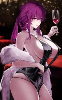 1girl alcohol alternate_costume bare_shoulders black_dress black_nails black_panties blush breasts closed_mouth commentary_request cup dress drinking_glass earrings feather_boa highres holding honkai:_star_rail honkai_(series) jewelry kafka_(honkai:_star_rail) large_breasts looking_at_viewer medium_hair nail_polish necklace no_bra panties purple_eyes purple_hair saint_laurent_paris sideboob skindentation smile solo underwear wine wine_glass