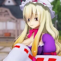 2girls 3d animated assisted_exposure blonde_hair blurry blurry_background bouncing_breasts breasts brown_eyes convenient_censoring hair_censor hair_over_breasts hakurei_reimu hat large_breasts long_hair mofumoko5 multiple_girls no_bra outdoors solo_focus surprised tagme touhou upper_body video yakumo_yukari