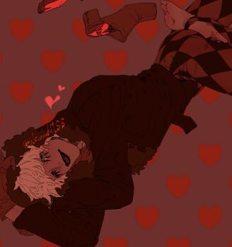 1boy blonde_hair colored_teeth commentary_request diamond_print donquixote_rocinante facepaint gloves heart highres hood hooded_jacket jacket jurokutya lipstick lying makeup male_focus on_side one_piece patterned_background red_teeth red_theme single_bare_foot smile solo