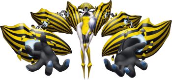 Rule 34 | 2girls, black skin, blue nails, breasts, chain, colored skin, cor caroli (devil survivor), covered navel, devil survivor (series), devil survivor 2, dress, grey hair, hand on another's mouth, hotsuin miyako, kitou mohiro, multiple girls, official art, pale skin, third-party source, transparent background, white eyes, yellow dress