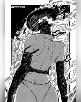 1girl apron ass bomb_devil_(chainsaw_man) chainsaw_man commentary dimples_of_venus fire greyscale highres instagram_username monochrome monster_girl panties seveninks shoulder_blades smoke solo underwear upper_body