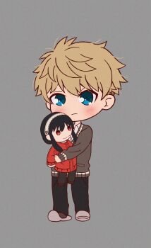 1boy black_hair blonde_hair blue_eyes blush cameo character_doll commentary doll english_commentary flat_color hairband headband highres holding holding_doll hugging_doll hugging_object looking_at_viewer pants pokianne red_eyes shirt spy_x_family twilight_(spy_x_family) white_hairband white_shirt yor_briar