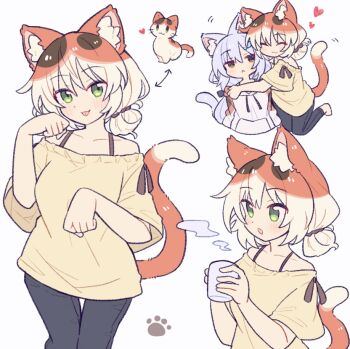 2girls :&lt; :3 :p ^_^ animal_ear_fluff animal_ears arrow_(symbol) black_pants blonde_hair blush brown_eyes cat cat_ears cat_girl cat_tail closed_eyes closed_mouth collarbone cup green_eyes hands_up holding holding_cup hood hood_down hoodie looking_at_viewer multicolored_hair multiple_girls multiple_views off-shoulder_shirt off_shoulder open_mouth orange_hair original pants paw_pose shirt short_hair short_sleeves simple_background suzuno_(suzuno3110) tail tongue tongue_out two-tone_hair white_background white_hoodie yellow_shirt