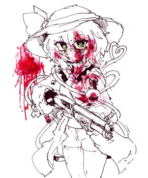 Rule 34 | 1girl, blood, blood in hair, blood on clothes, blood on face, bow, closed mouth, collared shirt, commentary, english commentary, eyeball, frilled shirt collar, frills, gloves, greyscale, gun, hat, hat bow, heart, heart-shaped pupils, heart of string, highres, holding, holding gun, holding weapon, komeiji koishi, long sleeves, looking at viewer, medium hair, monochrome, pump action, rampa93, shell casing, shirt, shotgun, solo, spot color, symbol-shaped pupils, third eye, touhou, weapon