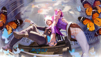 2boys arm_behind_head arm_on_knee arm_support artist_name blue_butterfly blue_eyes boots bug butterfly chinese_commentary commentary_request copyright_name fisheye full_body gjd12751 hat highres horns insect instrument jojo_no_kimyou_na_bouken leaning_back crossed_legs lipgloss logo long_hair long_sleeves looking_afar looking_at_viewer looking_down male_focus multiple_boys nail_polish narciso_anasui net orange_butterfly piano pink_eyes pink_hair revision rivets sitting standing stone_ocean string thighhighs watermark weather_report wristband