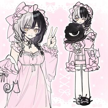 Rule 34 | 1girl, 520mikeneko1314, ;), black hair, black nails, bow, braid, breasts, closed mouth, coat, commentary, empire waist, frilled nightgown, full body, grey hair, grin, hair bow, hat, highres, hololive, hololive english, jewelry, large breasts, long hair, long sleeves, looking at viewer, low twin braids, multicolored hair, multiple views, nail polish, necklace, nightgown, off shoulder, official alternate costume, official alternate hairstyle, one eye closed, open clothes, open coat, pink bow, pink coat, pink hat, pink nightgown, puffy long sleeves, puffy sleeves, shiori novella, shiori novella (sleepwear), sleepwear, slippers, smile, split-color hair, standing, star (symbol), star necklace, thighhighs, twin braids, two-tone hair, untranslatable commentary, v, virtual youtuber, white thighhighs, yellow eyes, yorick (shiori novella)