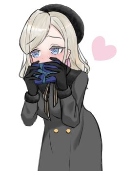 Rule 34 | 1girl, averting eyes, beret, black dress, black gloves, black hat, black ribbon, blush, buttons, ceras yanagida lilienfeld, ceras yanagida lilienfeld (winter casual), commentary, covering own mouth, double-breasted, dress, embarrassed, facing viewer, gift, gloves, grey hair, hat, heart, highres, himizusan, holding, holding gift, link! like! love live!, looking to the side, love live!, neck ribbon, raised inner eyebrows, ribbon, simple background, solo, valentine, virtual youtuber, white background