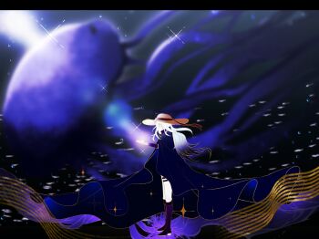 1boy air_bubble androgynous black_cloak blue_eyes blue_hair blurry blurry_background boots bridal_gauntlets brown_hat bubble chinese_commentary cloak commentary_request from_side full_body gradient_hair hand_up hat hat_ribbon high_heel_boots high_heels highres jellyfish knee_boots letterboxed light_particles long_hair looking_at_hand male_focus multicolored_hair no_mouth official_alternate_costume outside_border pale_skin pants personification plants_vs._zombies plants_vs._zombies_2 profile purple_background purple_boots purple_hair red_ribbon ribbon shadow_peashooter_(plants_vs._zombies) siiiiiiiiiii simple_background solo sparkle standing sun_hat trap two-tone_hair underwater underwater_shot very_long_hair water white_pants wide_shot