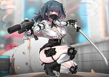 1girl absurdres black_mask black_shoes black_skirt breasts charm_(object) cropped_shirt cup dress frilled_sleeves frills hair_ribbon high-waist_skirt high_heels highres holding holding_cup holding_sword holding_weapon holster k0ng katana kneeling mask mechanical_arms mechanical_legs medium_hair mouth_mask neck_ribbon original outdoors purple_hair red_dress red_eyes ribbon shirt shoes short_sleeves skindentation skirt solo suppressor sword thigh_holster two_side_up underboob variant_set weapon white_shirt