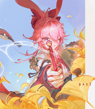1girl absurdres animal_ears chinese_commentary commentary_request evanescia_(honkai:_star_rail) fox_ears fox_girl furioso ginkgo_leaf gloves hair_intakes highres holding holding_pen honkai:_star_rail honkai_(series) leaf licking_lips looking_at_viewer one_eye_closed pen pink_hair purple_eyes shirt solo tongue tongue_out white_gloves white_shirt