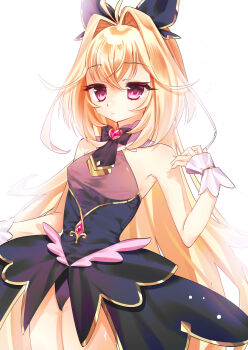 Rule 34 | 1girl, 596255094, absurdres, adapted costume, antenna hair, backlighting, black bow, black bowtie, blonde hair, bow, bowtie, brooch, chinese commentary, closed mouth, commentary request, cowboy shot, cure arcana shadow, dress, hair bow, hair intakes, halter dress, halterneck, heart, heart brooch, highres, jewelry, layered dress, light frown, long hair, looking at viewer, meitantei precure!, precure, purple eyes, simple background, sleeveless, sleeveless dress, solo, standing, very long hair, white background, wrist cuffs