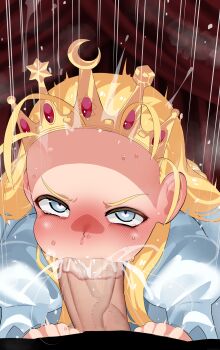 Rule 34 | 1boy, 1girl, absurdres, blonde hair, blue eyes, blush, crown, cyberbots, deepthroat, devilot de deathsatan ix, dress, fellatio, forehead, hetero, highres, huge penis, long hair, long sleeves, looking at viewer, mizumizuni, motion lines, oral, penis, puffy sleeves, saliva, uncensored
