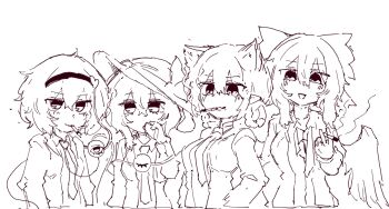 4girls alternate_costume animal_ears bow cat_ears cat_girl cigarette commentary english_commentary extra_ears hair_between_eyes hair_bow hairband heart highres holding holding_cigarette kaenbyou_rin komeiji_koishi komeiji_satori looking_at_viewer monochrome multiple_girls necktie rampa93 reiuji_utsuho short_hair sidelocks simple_background smoking third_eye touhou wings