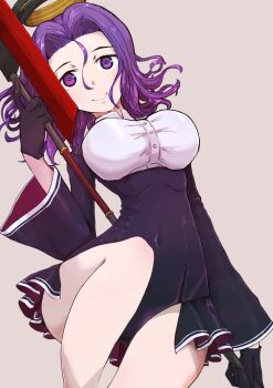 1girl black_dress boushi-ya breasts collared_shirt commentary_request dress dress_shirt glaive_(polearm) hair_intakes halo highres kantai_collection large_breasts mechanical_halo polearm purple_eyes purple_hair shirt short_dress short_hair solo tatsuta_(kancolle) weapon white_shirt