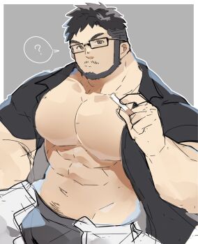 1boy ? abs bara bare_pectorals beard black_male_underwear cigarette cowboy_shot facial_hair full_beard glasses head_tilt highres holding holding_cigarette large_pectorals looking_at_viewer male_focus male_underwear mikiya_(mine_miki0840) muscular muscular_male navel navel_hair open_pants original pants pectorals short_hair solo sparse_navel_hair spoken_question_mark stomach strongman_waist thick_eyebrows underwear unfinished