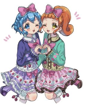 2girls ;d aikatsu! aikatsu!_(series) aikatsu!_x_pripara_the_movie_-deai_no_kiseki!- aki_(akinyaaaaa) blue_eyes blue_hair blunt_bangs boots bow collared_shirt commentary_request crossover dorothy_west food_print frilled_skirt frills fruit_print genre_connection green_jacket hair_bow heart heart_hands heart_hands_duo highres jacket kurisu_kokone long_hair long_sleeves looking_at_viewer miniskirt multiple_girls notice_lines one_eye_closed open_mouth orange_hair pink_bow pink_skirt ponytail pretty_series print_skirt pripara purple_boots purple_jacket purple_skirt shirt short_hair simple_background skirt smile standing standing_on_one_leg strawberry_print white_background yellow_eyes yellow_shirt