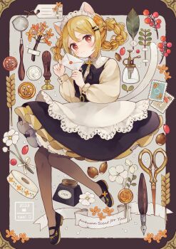 1girl acorn animal_ears apron artist_name autumn black_dress black_shoes blonde_hair braid branch brown_eyes brown_pantyhose buttons capelet cat_ears cat_girl cat_tail commentary dress english_text envelope flower framed frilled_apron frilled_dress frilled_hairband frills from_side full_body grey_background hair_flower hair_ornament hair_rings hairband hairclip highres holding holding_envelope inkwell knees_together_feet_apart layered_dress leaf long_sleeves looking_at_viewer maid mary_janes original outside_border pantyhose postage_stamp puffy_long_sleeves puffy_sleeves quill scissors shirt shoes short_hair slit_pupils smile solo tabi_0v0 tail tape twin_braids waist_apron wax_seal wax_stamp white_apron white_capelet white_flower yellow_shirt