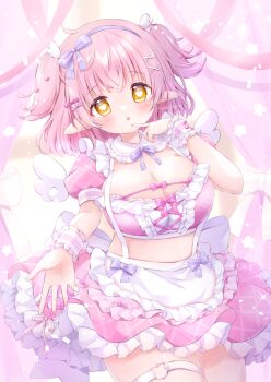 1girl apron blush bow bow_hair_ornament breasts chiika_(cure_cherish) cleavage commission crop_top frilled_apron frilled_skirt frills hair_ornament hairband heart heart-shaped_pupils heart_hair_ornament heart_o-ring large_breasts looking_at_viewer o-ring original pink_hair pink_skirt plaid pointy_ears puffy_short_sleeves puffy_sleeves short_sleeves skeb_commission skirt solo symbol-shaped_pupils thigh_strap two_side_up waist_apron white_apron wings wrist_cuffs x_hair_ornament yellow_eyes yume_kawaii