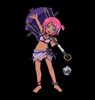 1girl :d anklet aqua_eyes arm_up barefoot bikini bikini_top_only black_background blush breasts fangs full_body halterneck hammer highres holding holding_hammer huge_weapon jewelry juju_(merc_storia) merc_storia merc_storia_art_team navel official_art one_side_up open_mouth outstretched_arm sash short_hair simple_background small_breasts smile solo standing swimsuit tachi-e v-shaped_eyebrows waving weapon