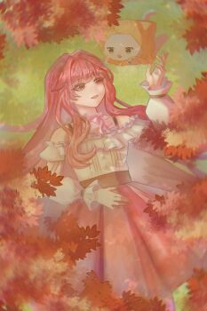 Rule 34 | 1girl, absurdres, ahoge, animal, autumn, bare shoulders, belt, black belt, blunt bangs, bow, bow choker, bowtie, bra strap, brown eyes, buttons, center frills, chinese commentary, choker, cloak, clothed animal, collarbone, commentary request, cowboy shot, day, ear covers, eyelashes, frilled shirt, frilled sleeves, frills, hair intakes, hair spread out, hair undone, hand on own stomach, happy, highres, hood, hood up, hooded cloak, infinity nikki, layered skirt, long hair, long sleeves, looking at animal, looking at another, loose hair strand, lying, miniskirt, momo (nikki), nikki (nikki), nikki (series), off-shoulder shirt, off shoulder, on back, on grass, on stomach, open mouth, outdoors, pawpads, perfect start (infinity nikki), pink bow, pink bowtie, pink choker, pink hair, pink skirt, pleated skirt, puffy long sleeves, puffy sleeves, shade, shirt, skirt, smile, snowflakes, solo, tree, very long hair, wangximemory, whiskers, white shirt, white skirt, yellow cloak