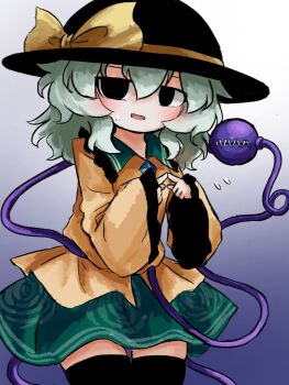 Rule 34 | 1girl, black eyes, black hat, black thighhighs, blue background, bow, buttons, collared shirt, commentary request, diamond button, empty eyes, eyeball, floral print, frilled shirt collar, frilled sleeves, frills, gradient background, green hair, green skirt, hat, hat bow, heripantomorrow, index fingers together, komeiji koishi, long hair, long sleeves, looking at viewer, open mouth, print skirt, rose print, shirt, skirt, smile, solo, thighhighs, third eye, touhou, wide sleeves, yellow bow, yellow shirt