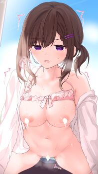 1girl armpit_crease bikini bikini_top_lift bikini_top_only blush bow bow_bikini braid braided_bangs breasts brown_hair brown_hair-chan_(ramchi) censored censored_nipples cleavage clothes_lift collarbone commentary_request cowboy_shot empty_eyes frilled_bikini frills hair_ornament hairclip highres medium_breasts medium_hair navel open_clothes open_shirt original outdoors parallel_hairclips parted_lips pink_bikini ramchi saliva shirt sidelocks single_bare_shoulder small_sweatdrop spoken_sweatdrop spread_legs steaming_body stomach sweat sweatdrop swimsuit thighs trembling white_shirt