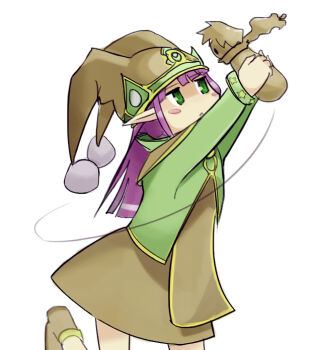 Rule 34 | 1girl, :<, asymmetrical bangs, blush stickers, cameo, doll, dress, female focus, gnome (mon-musu quest!), green eyes, hat, holding, luka (mon-musu quest!), mon-musu quest!, pointy ears, purple hair, shoes, sidelocks, simple background, solo, star (symbol), white background, wizard898